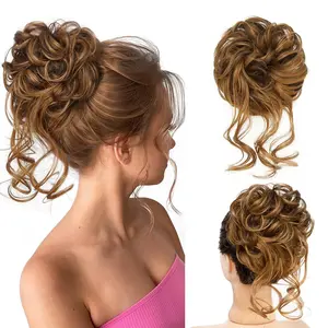 Messy Bun Hair Piece Scrunchie Tousled Updo Hair Extensions Hair Bun Curly Wavy Ponytail Synthetic Chignon for Women Girls(6H27:Dark Brown/Golden Blonde)