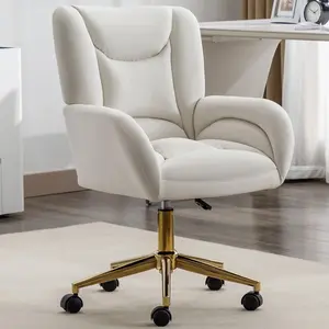 Soft Velvet Desk Chair Comfy with Gold Metal Legs&Wheels, 360 Swivel Comfy Office Chair with Height-Adjustable, Cute Brown Office Chair for Women (White)