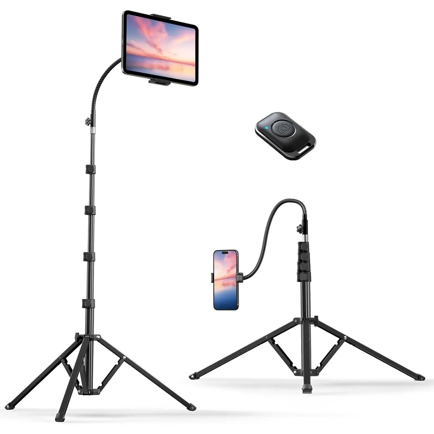 Heavy Duty Tablet Tripod Stand 82" Tall, Floor Stand with Remote and Adjustable Gooseneck for Watching/Stream/Recording, Tripod for iPad Pro 12.9"/Kindle/, and  4.5-13" Tablet/Phone