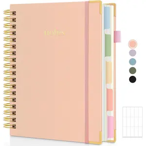 Hardcover Spiral Notebook, 300 Pages 8" x 10" College Ruled Notebook for Work with Dividers & Pockets, 5 Subject Notebook Journals for Women, Double Wire Bound, Tab Stickers Included, Pink
