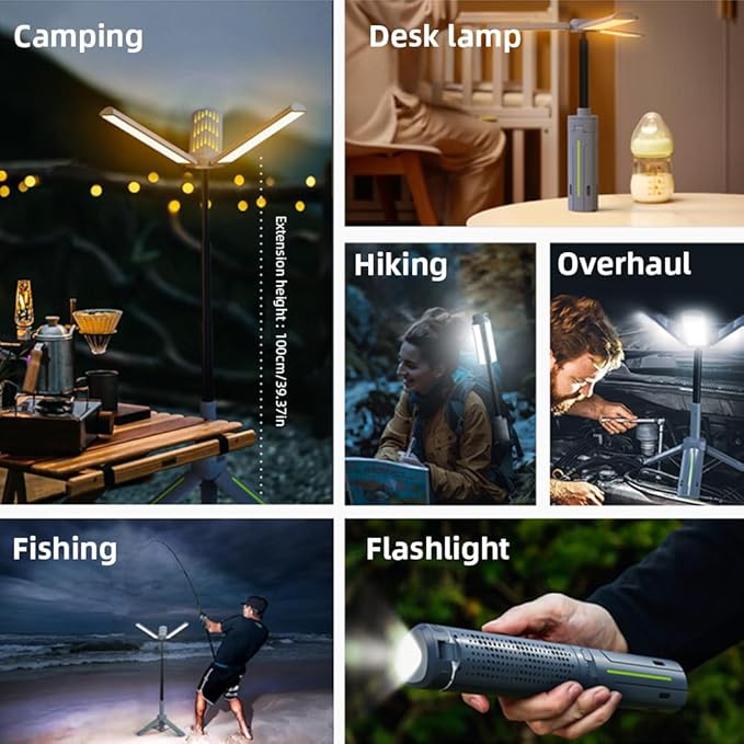 Rechargeable 8000mAh Retractable Camping Light, High Lumen Work Light with 3 Adjustable LED Lamp Heads and Dimmable Brightness, Equipped with 3.4-Foot Tripod – Must-Have for Camping, Ideal for Garage Use, Emergencies, BBQs, Gatherings and Festival Gifts