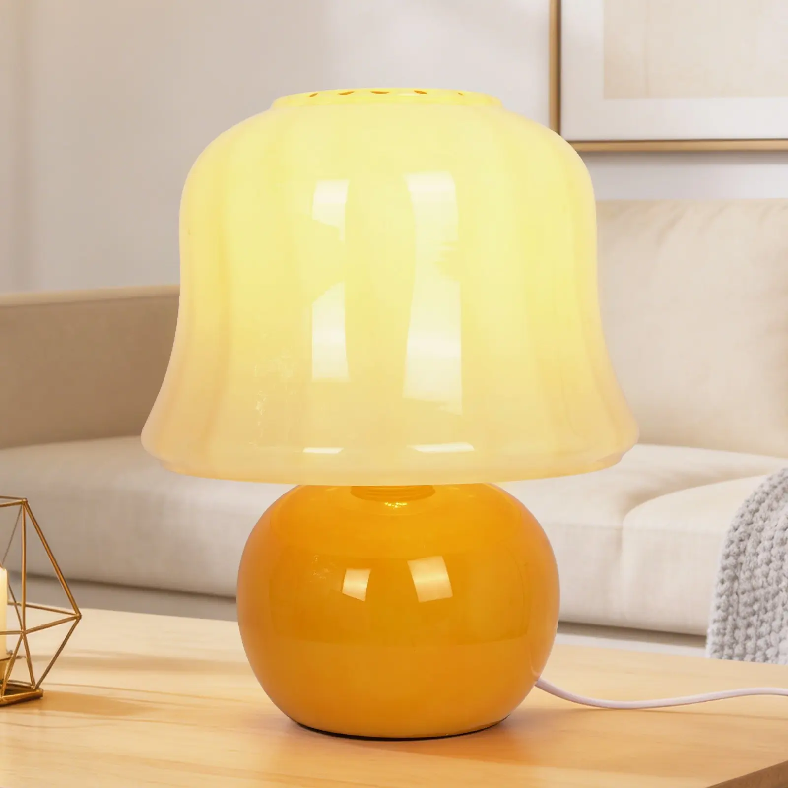 Retro Mushroom Glass Table Lamp, Cream Orange Bedside Lamp with 3-Color Light, Includes 1 Bulb for Bedroom Living Room Decor
