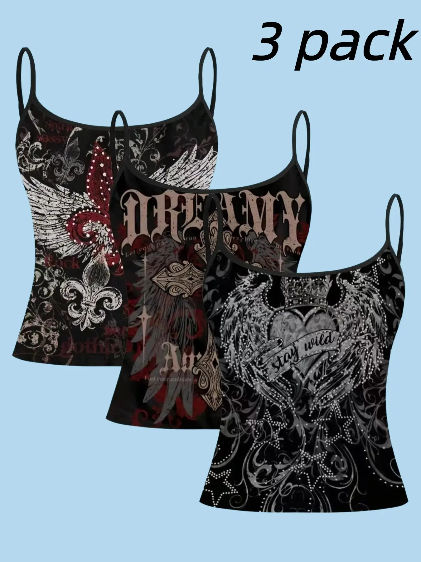 3 Piece Gothic Wing Print Casual Halter Top Spaghetti Strap Sleeveless Set, Heart Slogan & Floral Pattern, Women's Slim Fit Outerwear, Dark Fashion Apparel, Fitted Tank Tops
