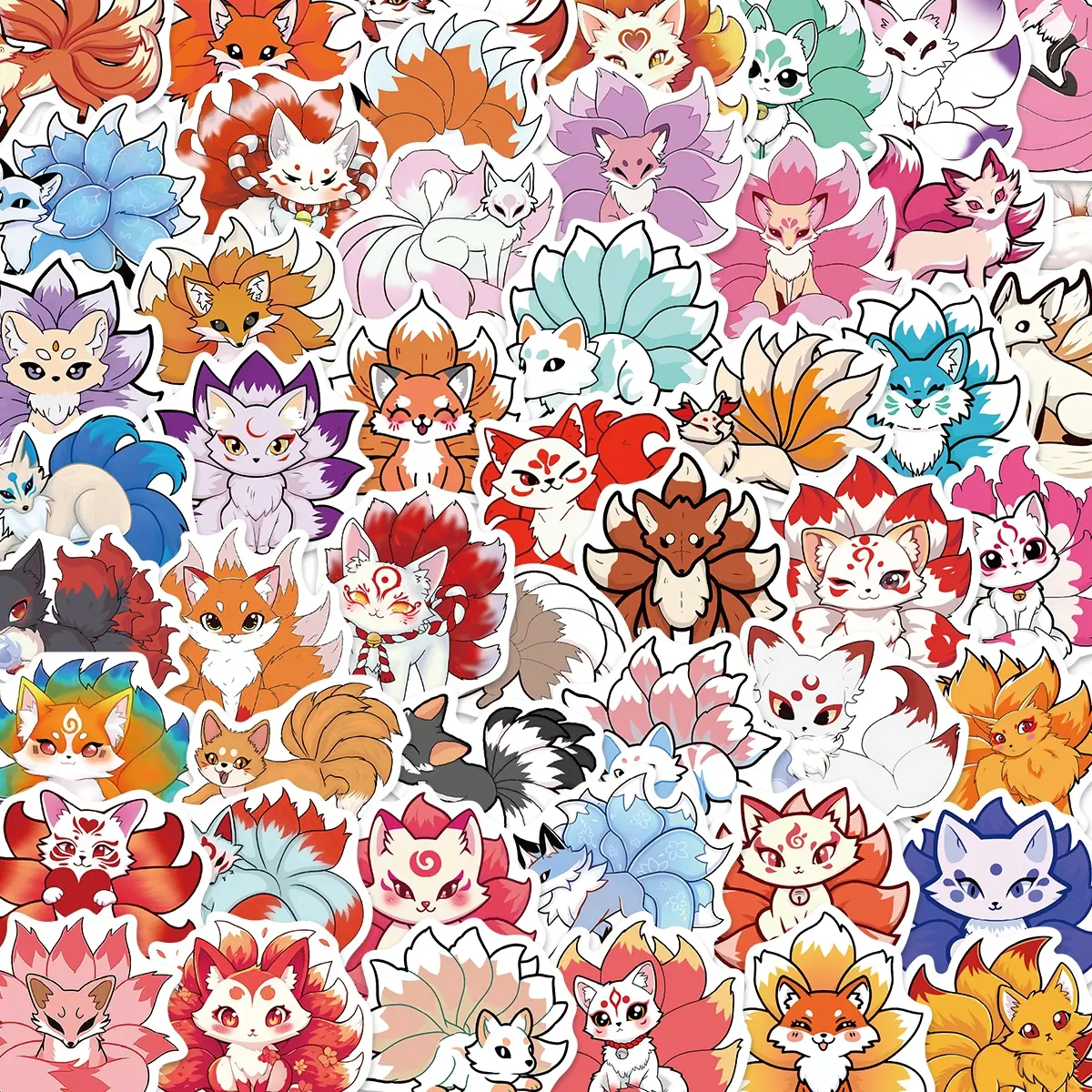 50 Cute Cartoon Nine-Tailed Fox Stickers, PVC Adhesive Decorations for Phones, Notebooks, Wall Art, DIY Projects, Perfect for Gifts, Cellphone