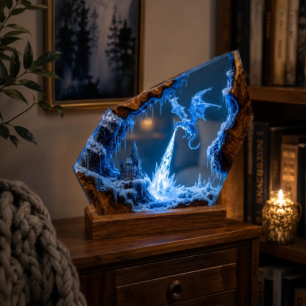 Ice Dragon Resin Lamp, Handmade Fantasy Resin Art, Frozen Dragon and Ice Castle Diorama, Epoxy Resin Decorative Lamp, Wooden Base Home Decor, Dragon Sculpture, Fantasy Desk Decoration, Collectible Artwork, Gift for Dragon Lovers