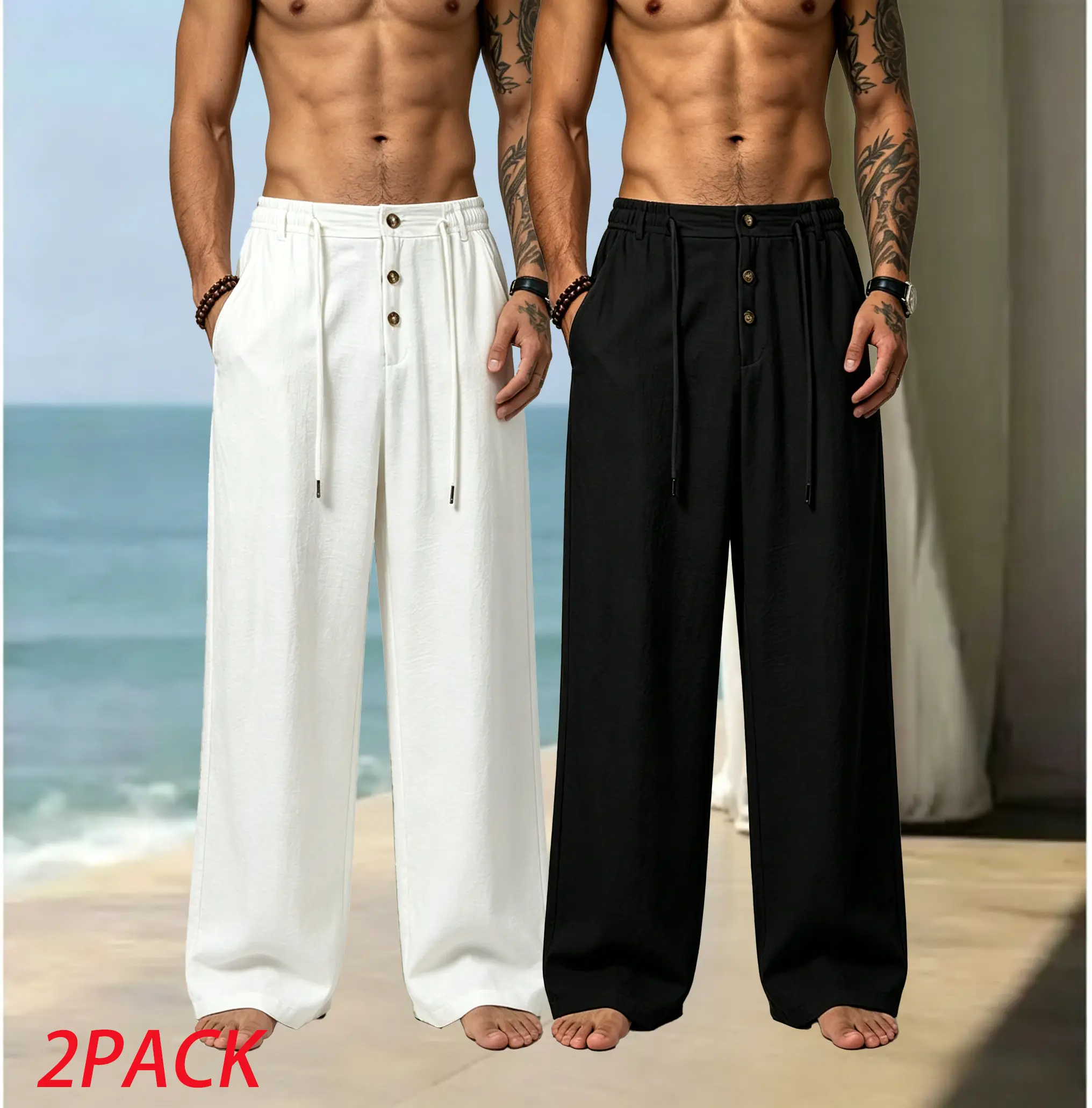 2-Pack Men’s Summer Ice Silk Textured Wrinkled Wide-Leg Pants, Elastic Drawstring Button Closure Straight Casual Dress Pants, Drapey Breathable Lightweight Beach Pants