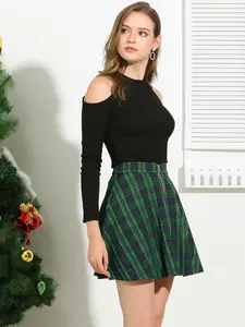 INSPIRE CHIC Tartan Plaid High Waist Casual A-Line Flare Zip-Up Checks Mini Skirt