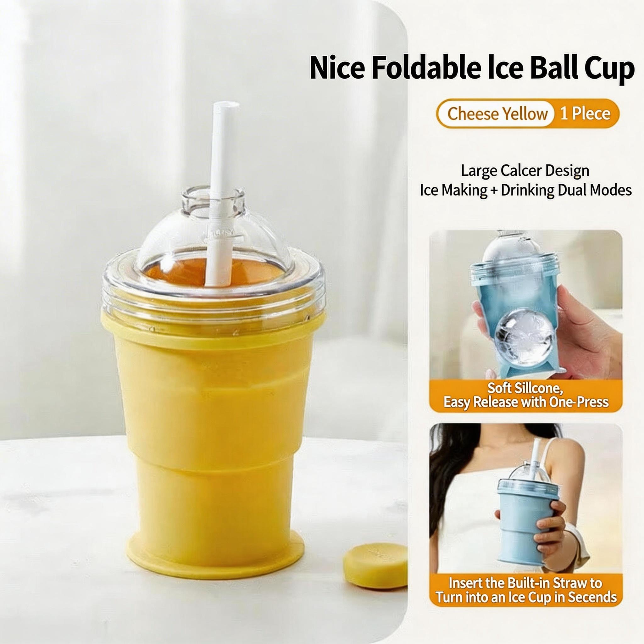 Portable Foldable Ice Ball Cup with Straw – Silicone, Food-Grade Ice Maker Mold, Summer On-the-Go Tumbler
