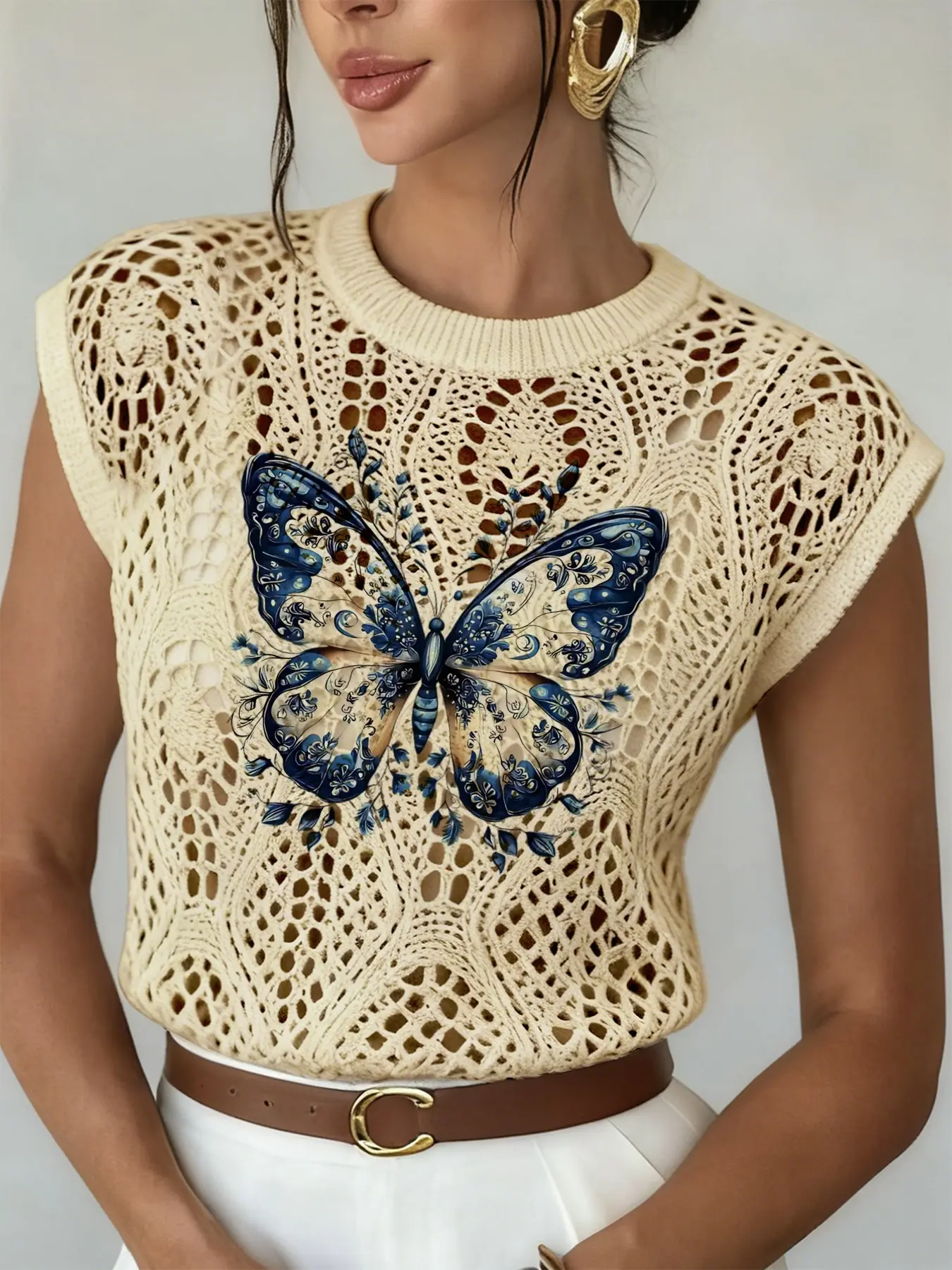 Elegant Women's Animal Butterfly Floral Print Round Neck Sweater, Casual Fit Sleeveless Knitwear Top for Spring Summer Fall, Breathable Daily Wear Womenswear