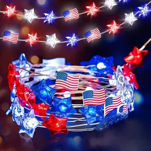 Patriotic Star-Shaped LED String Lights - American Flag-Themed, Red-White-Blue, Battery-Powered Festive Decoration, Room Decorations for 4th of July, Memorial Day Home Supplies