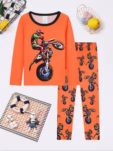 Boys Round Neck Long Sleeve Set, Digital Print Car Theme Sleepwear, Motorcycle Cartoon Print, Casual Comfortable Homeewear, Cartoon Print Pajama, 2-12 Years