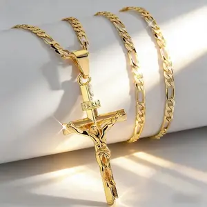14K Gold-Plated Jesus Cross Pendant Necklace - Vintage Style, Smooth Charm Jewelry for Men, Ideal for Prayer & Holiday Blessings, Everyday Jewelry|Elegant Pendant|Durable Chain, Jesus Necklace SpringStatements
