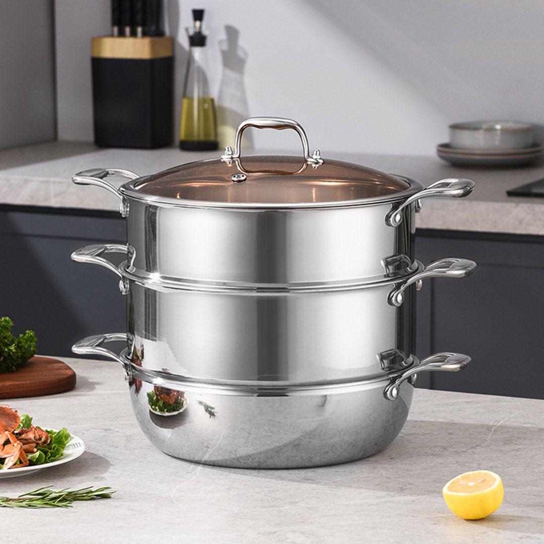 SOGA 3-Tier 30cm Heavy-Duty Stainless Steel Food Steamer – Stackable Vegetable Pot with Glass Lid, Multi-Layer Pan Insert for Healthy Cooking, Steaming Meat, Fish, and Vegetables