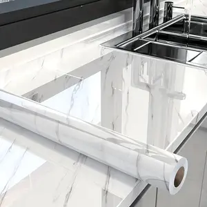 Glossy Marble Contact Paper White Peel and Stick Wallpaper Marble Wallpaper Self-Adhesive Removable Marble Contact Paper for Cabinets Vinyl Bathroom Waterproof Wallpaper
