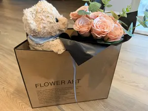 Handmade Rose Flower Gift Set - Luxury Artificial Flower Arrangement with Teddy Bear