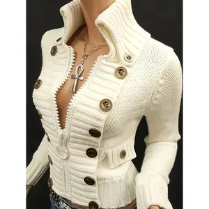 Multi-button decorated large zipper stand-up collar slim-fit cardigan