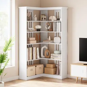 Farmhouse Bookshelf Corner Bookcase 72.8” Large Bookcase Wood Bookshelf Tall L Shaped Bookshelf 5 Tier Corner Shelf Display Rack Etagere Shelf Storage for Office Bedroom (Half Panel, White)