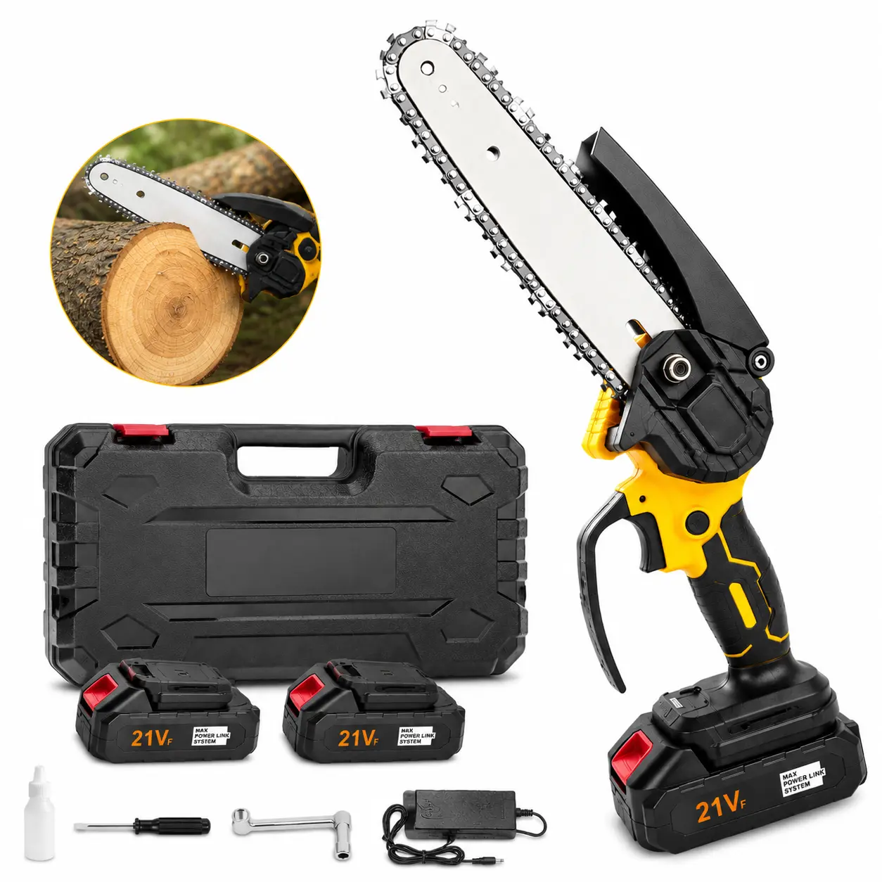 Cordless Mini Chainsaw - 6 in, 21V Wireless Portable Chainsaw with 550W Motor, Safety Lock, Lightweight Handheld Electric Pruning Saw for Tree Trimming, Wood Cutting, Wood Branches, Yellow