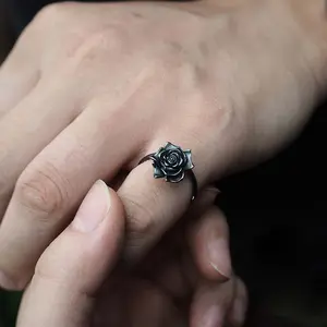 Black Rose Ring Floral Open Adjustable Index Finger Ring Women's Jewelry