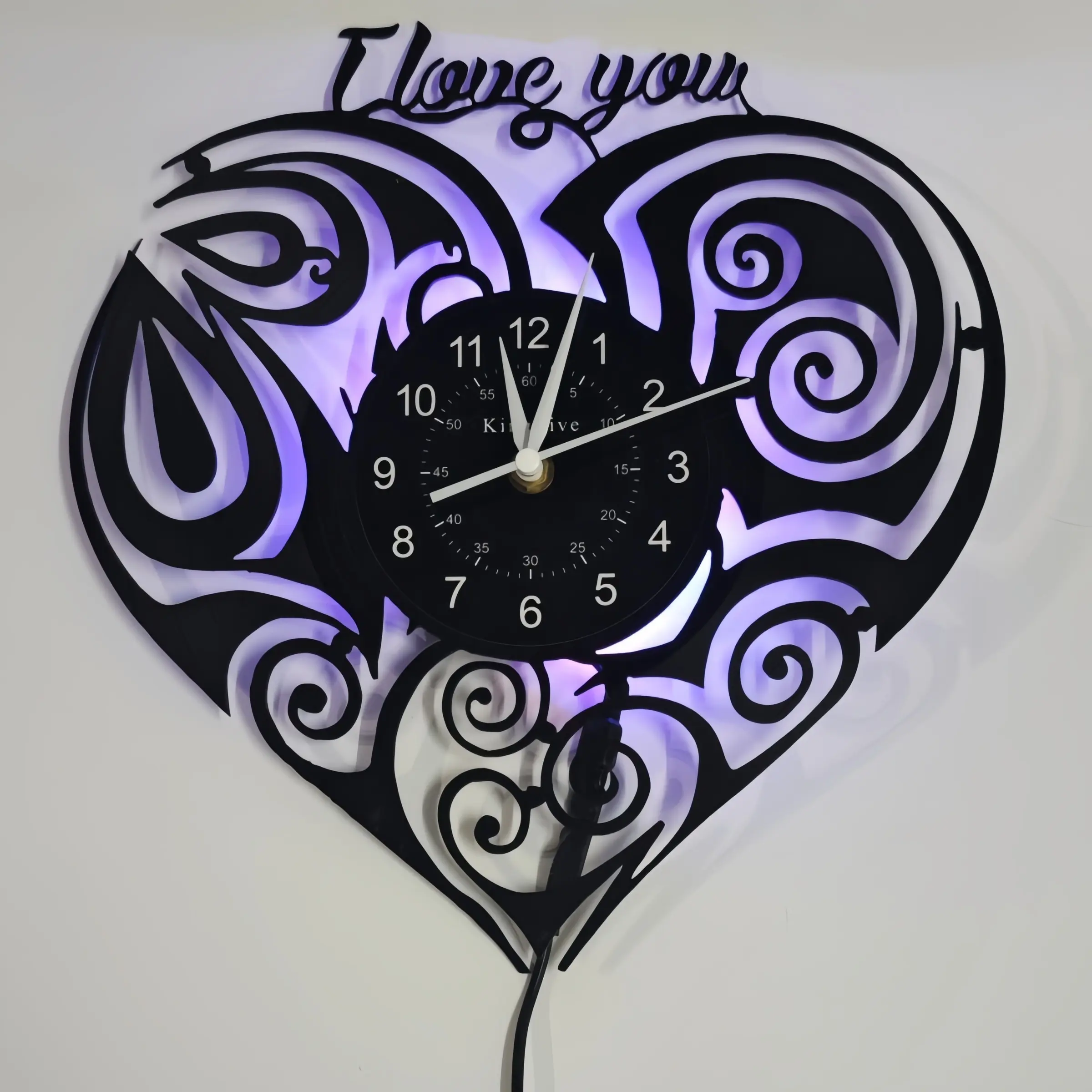 Heart Theme Vinyl Wall Clock, 7 Color LED Backlight, Suitable for Living Room, Bedroom, Home Decor, Room Decoration, Gift Idea