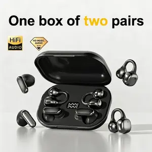 Two Pairs Wireless Earbuds, Open Ear Clip on & In-Ear Bluetooth 5.4 Headphones with Digital Display, Noise Cancelling No Pain Comfort Fit Gaming Earphones for Running Workout Couple Tech Gift