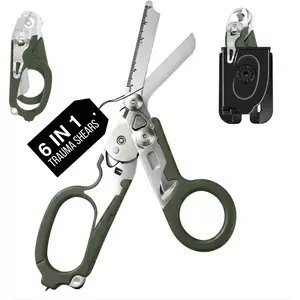 Heavy Duty 6 in 1 Multifunctional Trauma Shears Foldable| Stainless Steel emergency response scissors| Survival Shears with Holster| Medical Trauma shears Tactical With Strap Cutter| Green