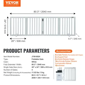 Summervibes VEVOR Freestanding Pet Barrier, 24 Heightx 80.3 Width, 4-Panel Folding Dog Gate for Various Openings, Expandable and Quiet Foot-Supported Indoor Dog Fence, White