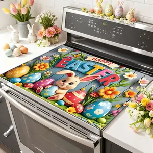 Easter Soft Electronic Stove Panel Protector Pad, Rabbit Wood Grain Egg Flower Design, Scratch Resistant, Easy Clean, Multi-Purpose Kitchen Cover, Placemat