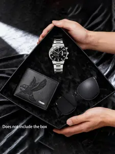 3pcs Men's Wristwatch Set with Sunglasses and Wallet, Casual Round Face Quartz Watch, Perfect Gift for Holidays, Father's Day, Valentine's Day