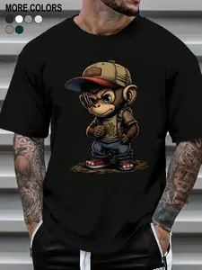 Cool Hip Hop Monkey Cartoon Graphic T-Shirt, Streetwear Style Monkey Print Tee, Oversized Crew Neck Shirt, Casual Short Sleeve Top, Trendy Urban Aesthetic Cotton Tee for Monkey Lovers, Hip Hop Fans and Streetwear Enthusiasts