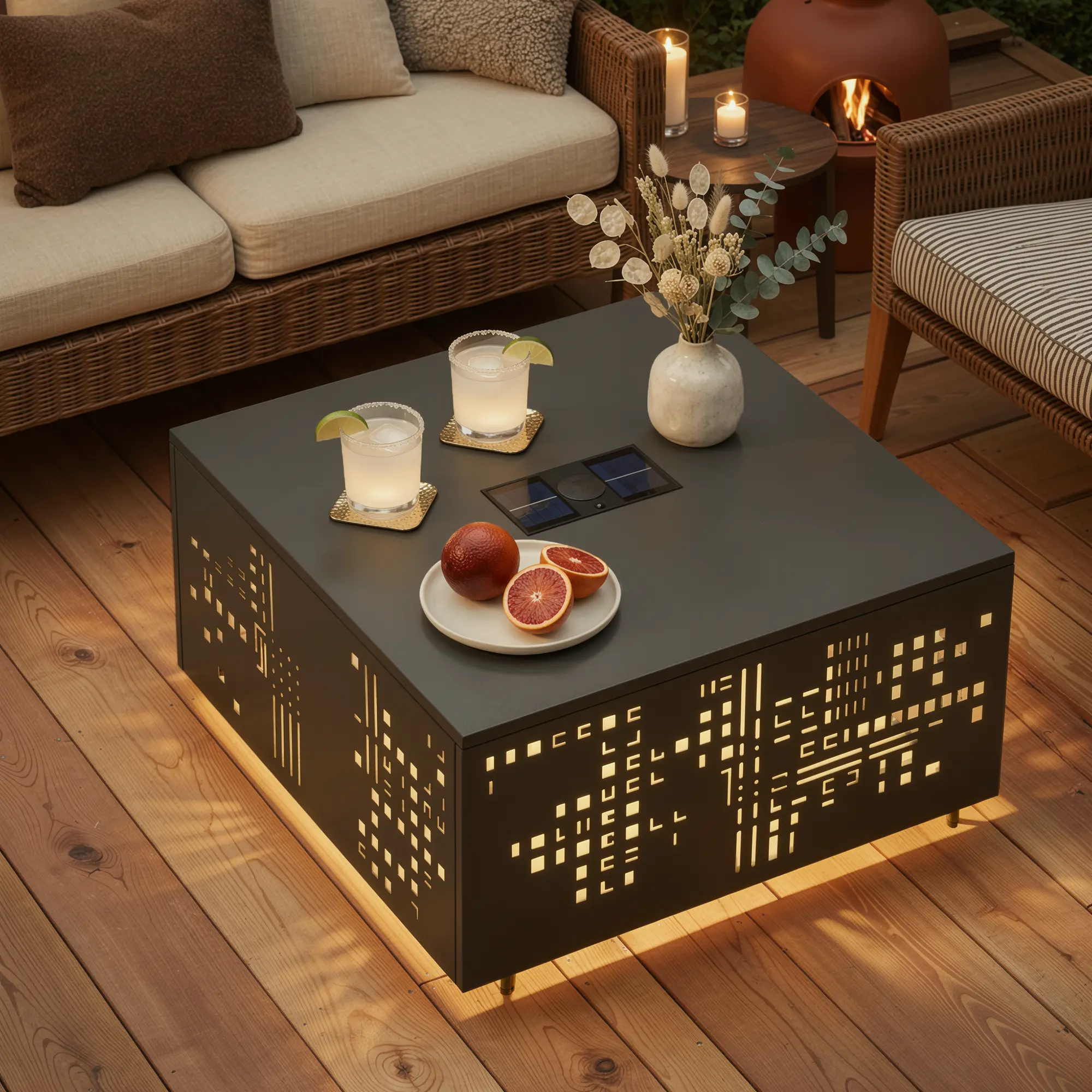 CAODOC Outdoor Patio Side Table with 1.5" Umbrella Hole Iron Construction Solar Lighting All-Weather Wind-Resistant Square Accent Table for Gardens Poolside Areas