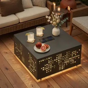 CAODOC Outdoor Patio Side Table with 1.5" Umbrella Hole Iron Construction Solar Lighting All-Weather Wind-Resistant Square Accent Table for Gardens Poolside Areas