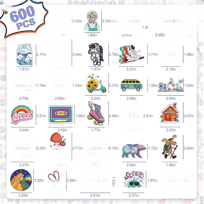 600 PCS Stickers Pack Cute Colorful Waterproof Vinyl Art Stickers for Water Bottles Skateboards Notebooks Laptops Teens Girls Kids Adults High-Quality PVC Adhesive Strong Non-Toxic Dishwasher Safe Decorative Stickers