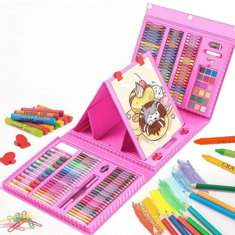 208 PCS Art Supplies, Drawing Art Kit for Kids, Art Set with Double Sided Trifold Easel, Oil Pastels, Crayons, Colored Pencils, Watercolor Pens Gift for Girls and Boys, Pink