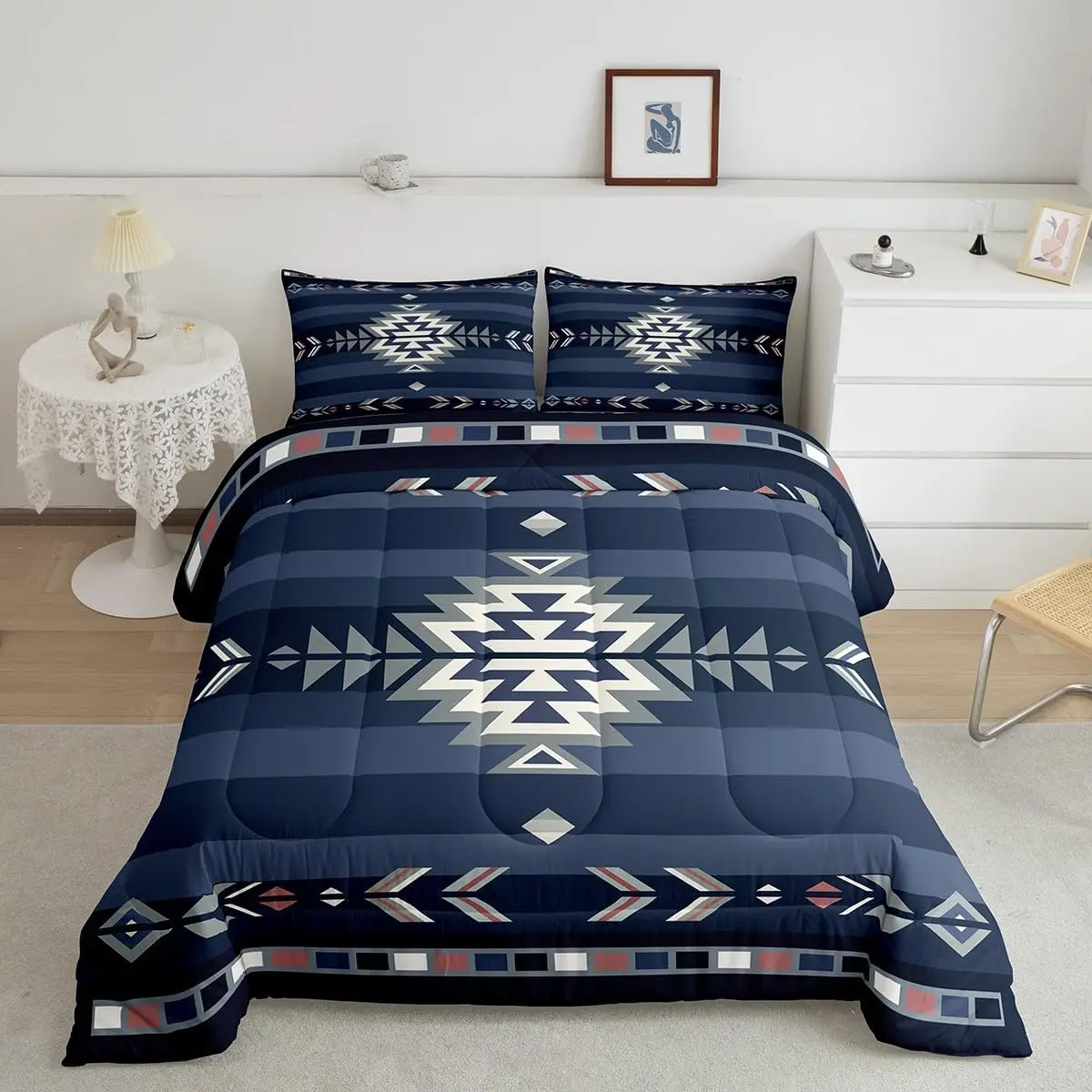 Feelyou Southwest Native Geometric Bedroom Bedding Set - Soft Microfiber Tribal Queen Comforter Duvet, Warm, Machine-Washable, Blue Room Decor Boho Style Quilt (King, Queen, Full, Twin Sizes) with Bold, Ethnic, Bohemian Print Duvets, Bold Print Duvets
