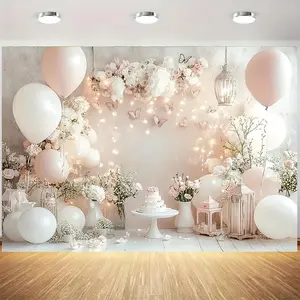 1PC,2D Flat Romantic Pink White Balloon Flower Cluster Door Banner, Birthday Party Wedding Decoration Curtain, Butterfly Light String Themed Scene Arrangement Door Ornament, Indoor Festival Atmosphere