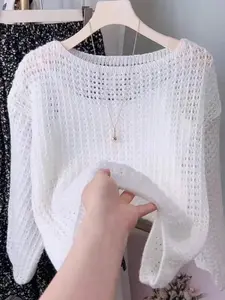 Women's Crochet Knit Top, Long Sleeve Hollow Out Transparent Sweater, Sexy One Shoulder Loose Grid Pullover Beach Cover-Up Boho