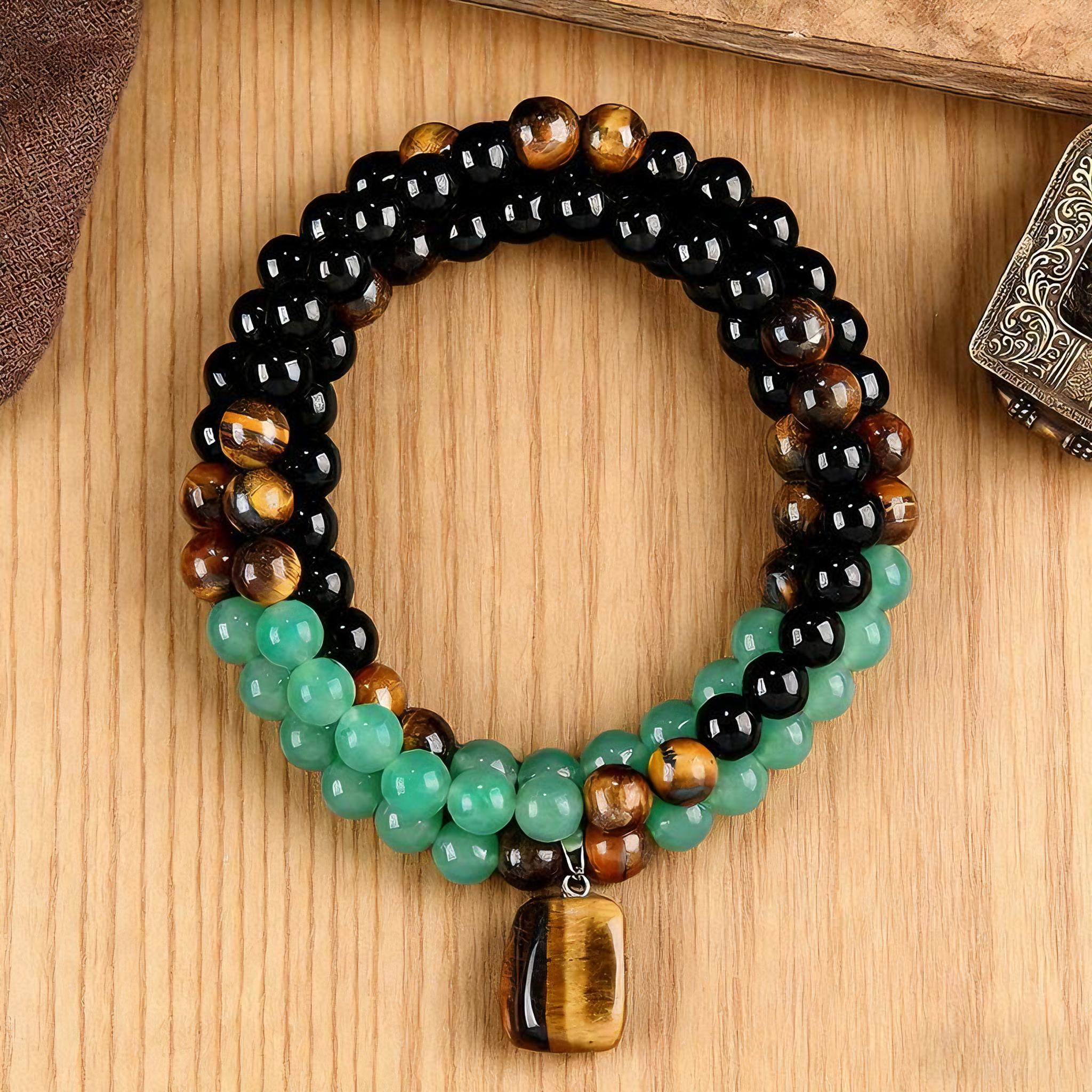 GEMRICH wealth necklace featuring a pendant set with green Dongling jade and tiger’s eye stone, infused with healing crystals; suitable for anniversary celebrations, vacations, and themed parties, and a gift that appeals to both men and women.