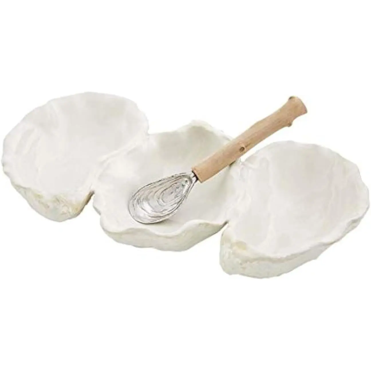 Oyster Shaped Triple Dip and Serving Set | White, 10.25" x 5.5", Great Caviar Serving Set