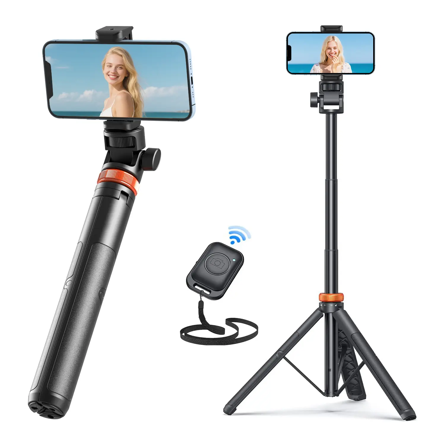 61" Phone Tripod for Live Streaming & Vlog Extendable Selfie Stick with Bluetooth Remote for iPhone Android Professional Grade Nylon 6/6 Aluminum Ring Locks 360° Ball Head