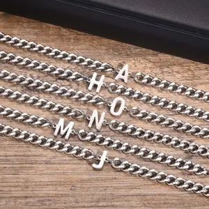 Vnox A-Z Initial Cuban Chain Bracelets for Men Women, Silver Color Stainless Steel Curb Links, Letters Name Charm Bracelet Gift