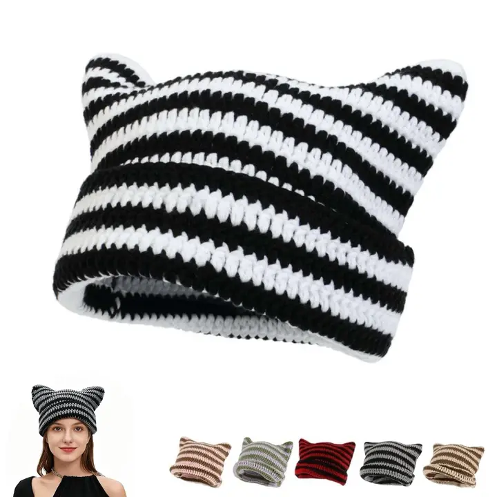 Cute Cat Ear Beanie Hat, Striped Ear Knit Cap, Little Devil Cat Ear Fashion Beanie, Cat Ear Beanie Crochet Hat, Warm and Stylish Beanies for Women & Men, Y2k Fall Winter Hat Slouchy Beanie, Casual Outdoor Accessory, Cool Versatile