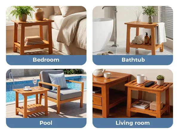 Sweetcrispy Teak Wood Compact Multifunctional Portable Stool - Waterproof, Non-Slip, with Shelf & Handle, Easy Move, Ideal as Shower Stool for Inside Shower & Small Bathrooms