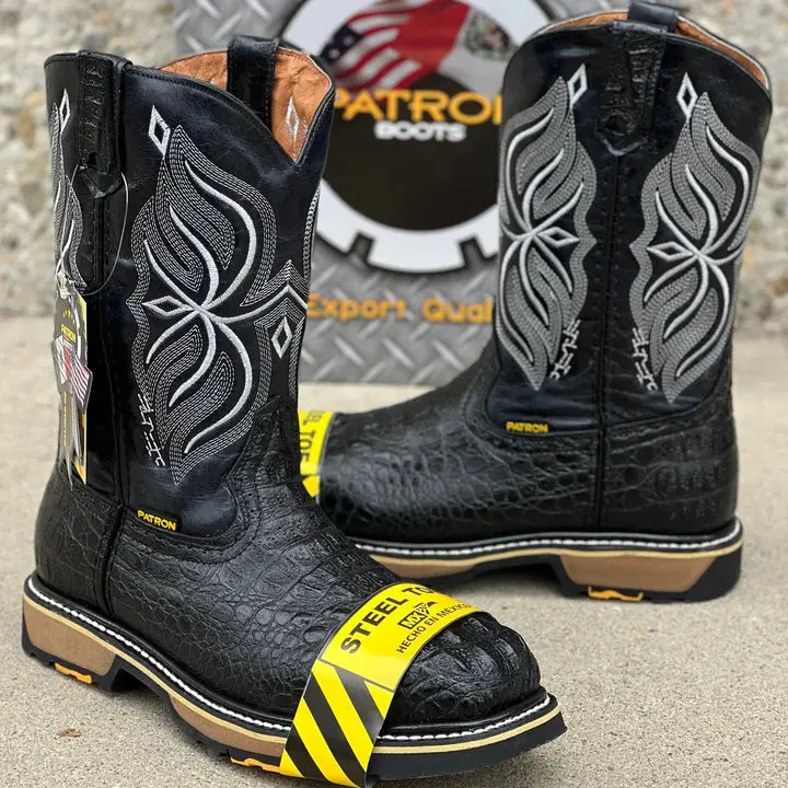 Square Toe Steel Toe Horn Back Crocodile Slip On Boot  Black