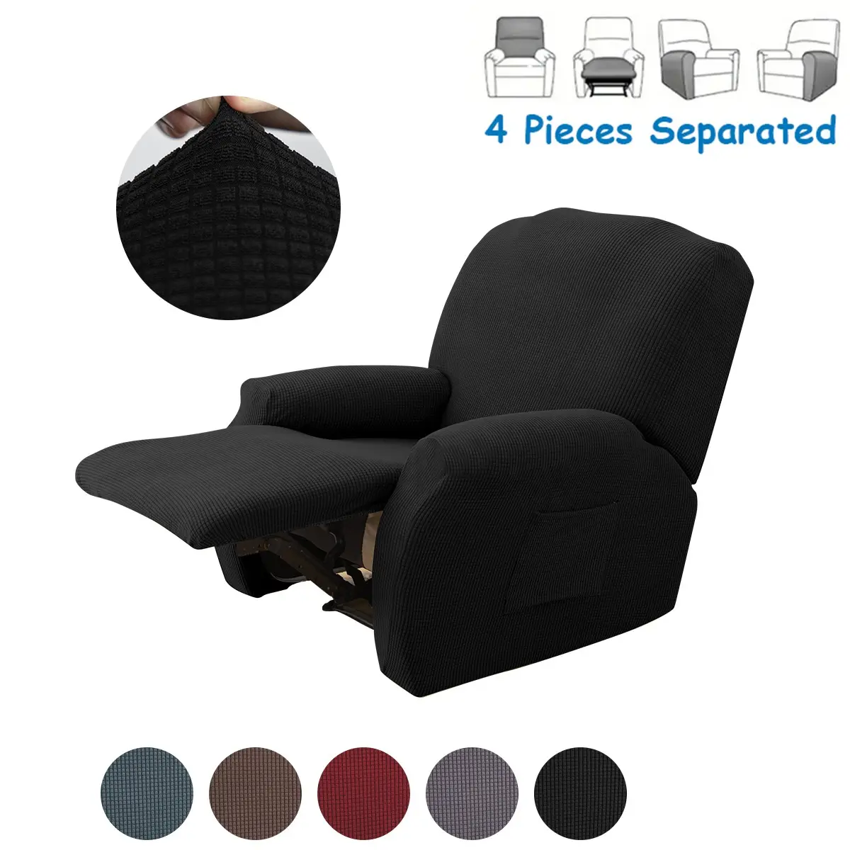 4 Piece Stretch Recliner Chair Covers, Soft Fabric Elastic Furniture Protector, Dustproof Chair Protector for Electric/mechanical Recliners, Multiple Colors Available, Stretch Chair Slipcover, Chair Covers Set