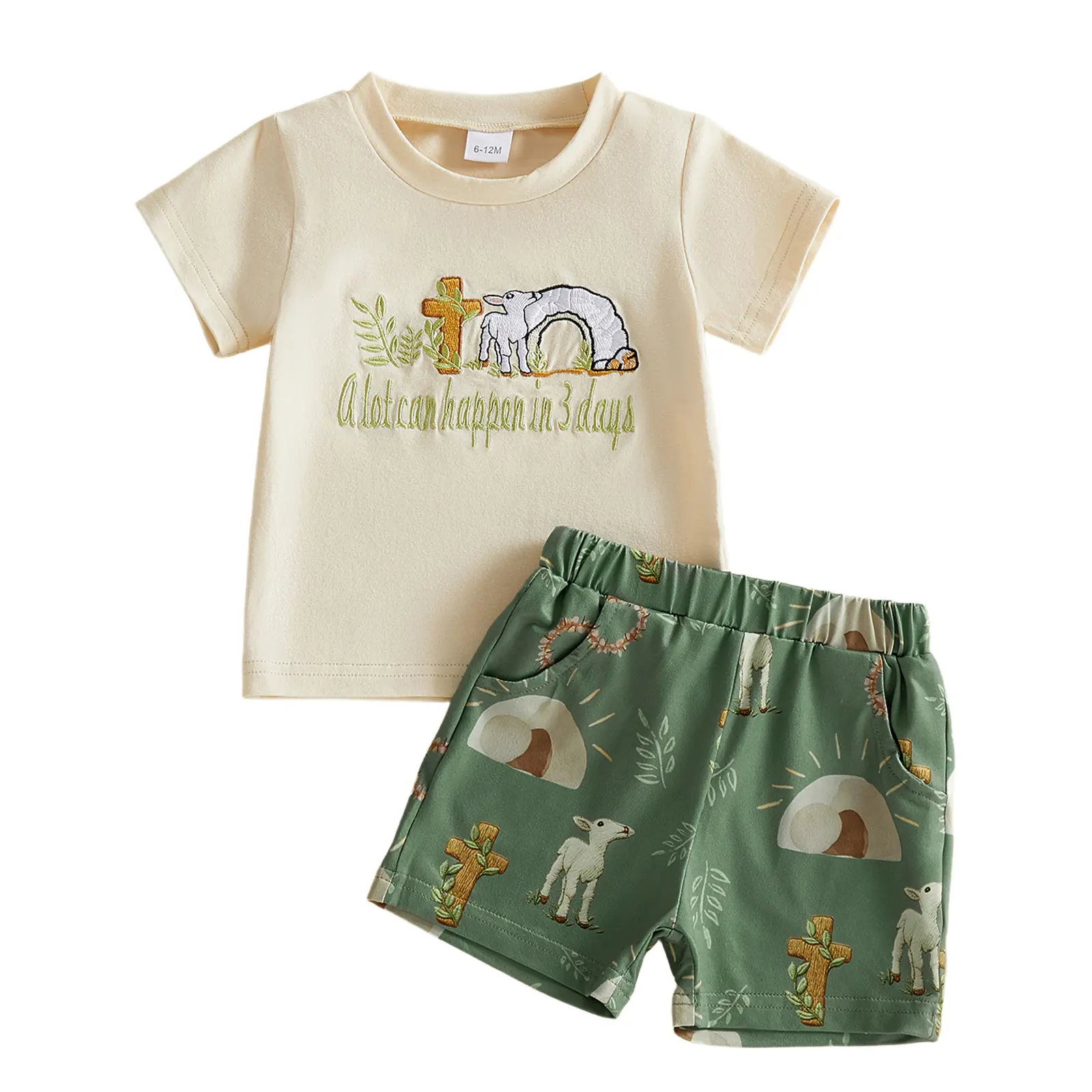 Babamoon Baby Boy Clothes 2-Piece Easter Outfits Set for Toddlers (3M-3Y, 24m Included) - Short Sleeve Letter Embroidery Top, Cross Sheep Print Shorts, Summer Apparel