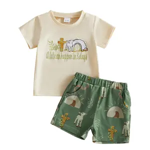 Babamoon Toddler Baby Boys Easter Outfits Sets Short Sleeve Letter Embroidery Tops and Cross Sheep Cave Print Shorts Summer Clothes 3M-3Y