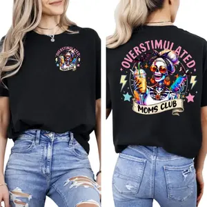 Graphic T-Shirt Overstimulated Moms Club Tee Mothers Day Sweatshirt Mom Life Hoodie Mom To Be Shirt Birthday Gift Unisex Short Sleeve Casual Top Women Men TikTok Viral Trending Gift Shirt