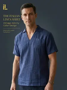 Men's Linen-Feel Short Sleeve Shirt Menswear, Wrinkle-Resistant Breathable Fitted V Neck Top, Summer Vacation Casual Wear, 2026 New Style