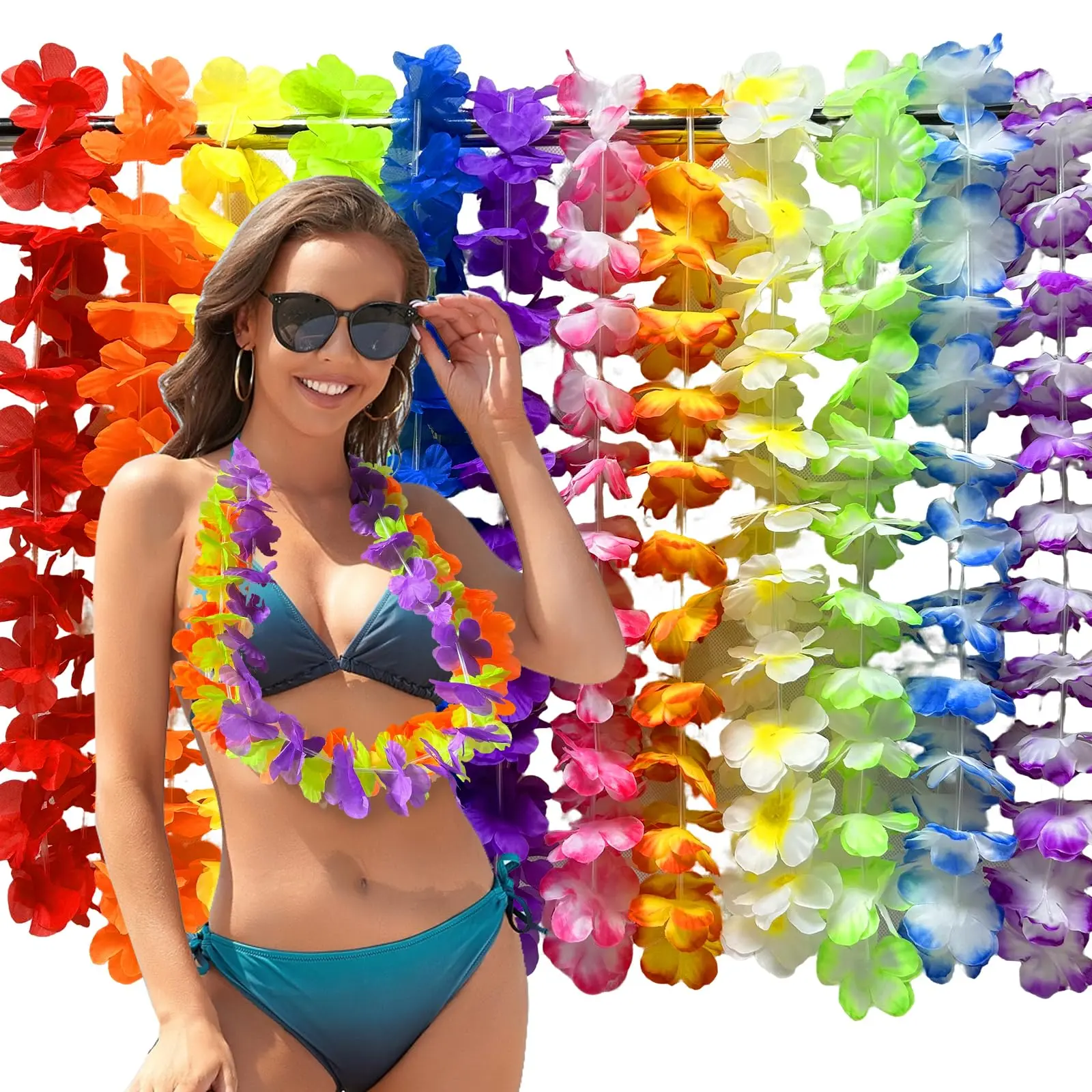 12pcs Hawaiian Leis For Luau Party Decorations Lei Moana Birthday Summer Tropical Beach Pool Theme Decor Graduation Women Silk Bulk Necklace Flower Hula Dance Favors Supplies